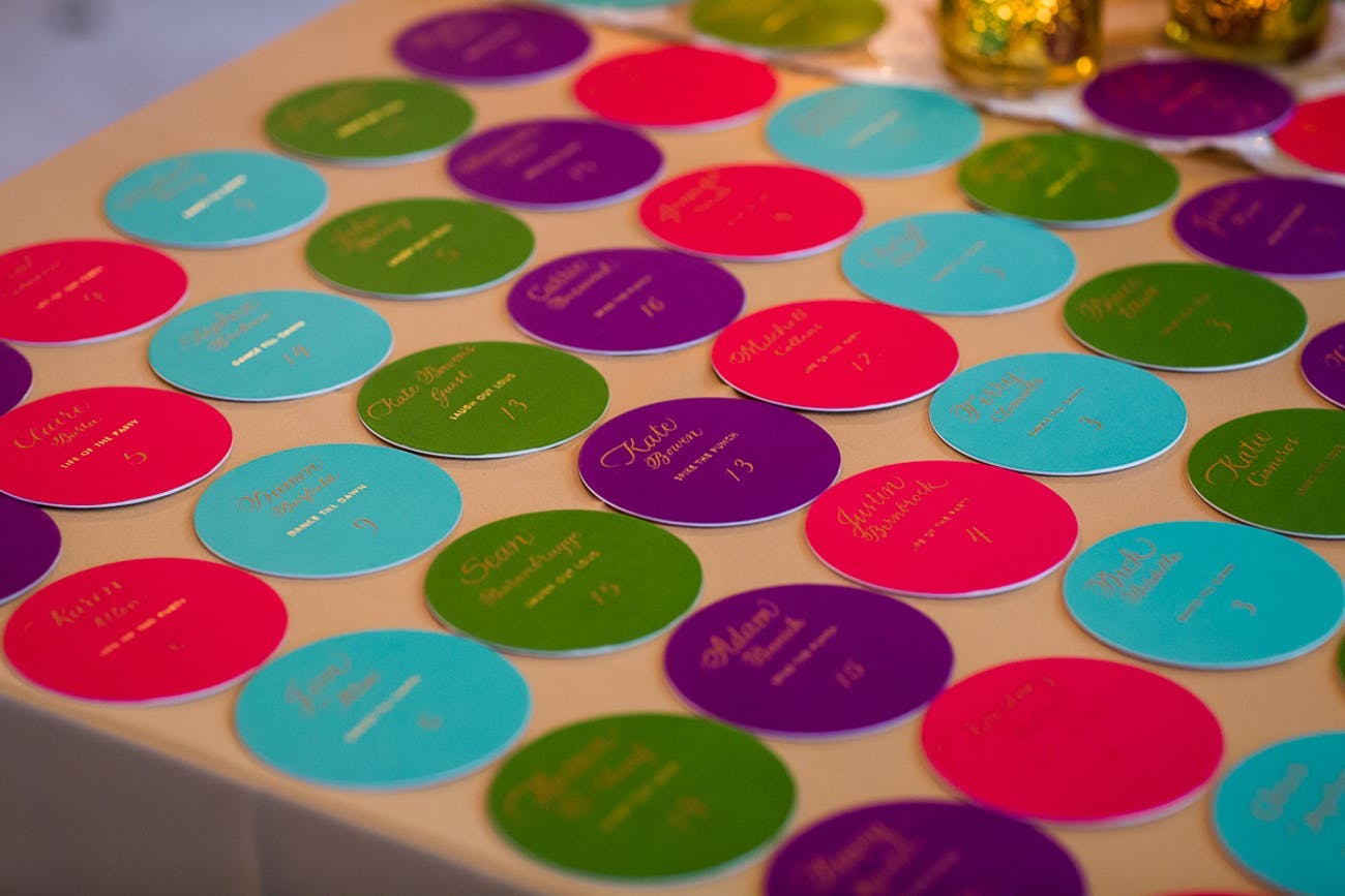 Table seating placements on colorful polka dots | PartySlate