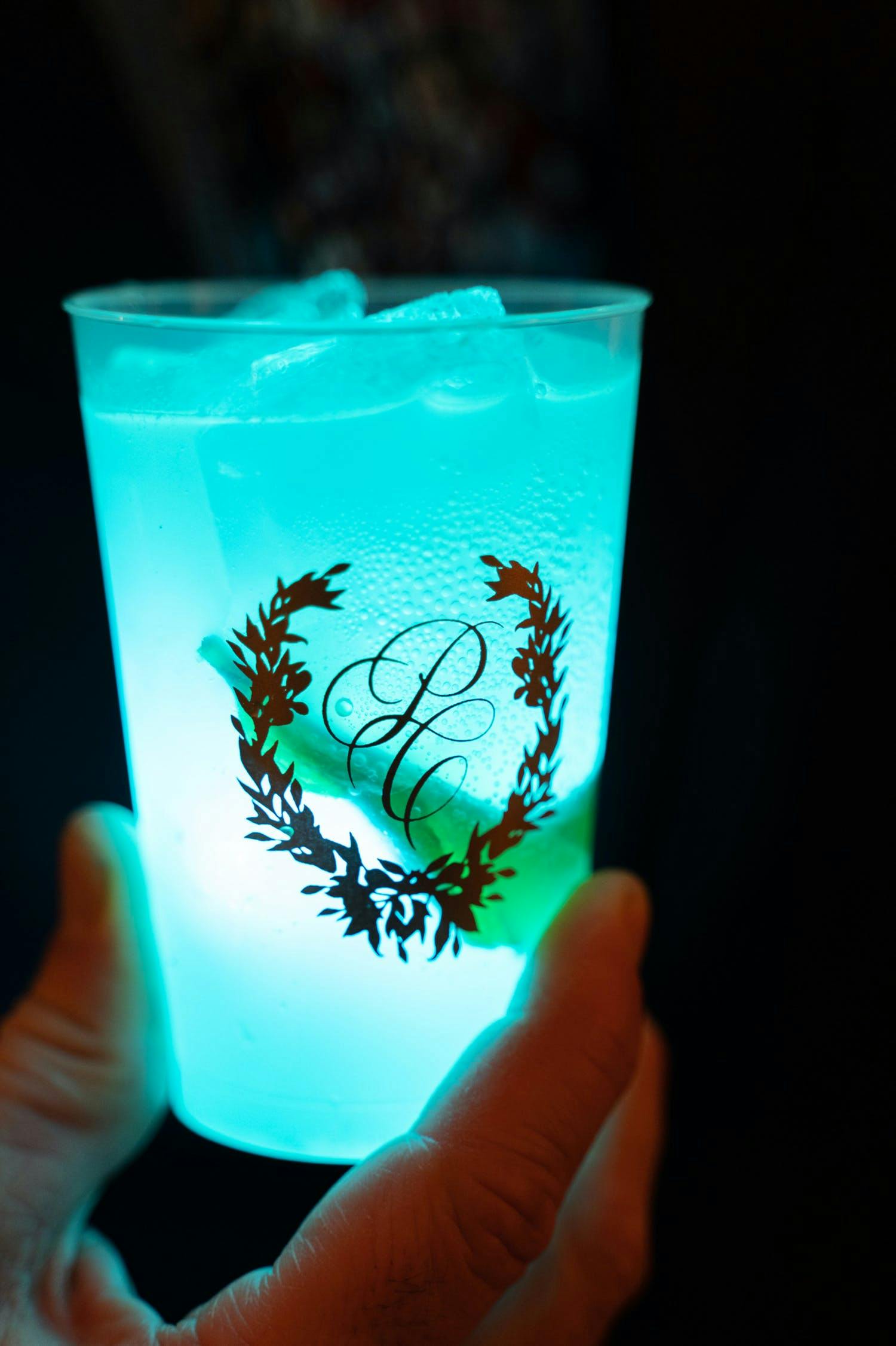 Glow-in-the-Dark Blue Cocktail in Monogrammed Wedding Cup | PartySlate