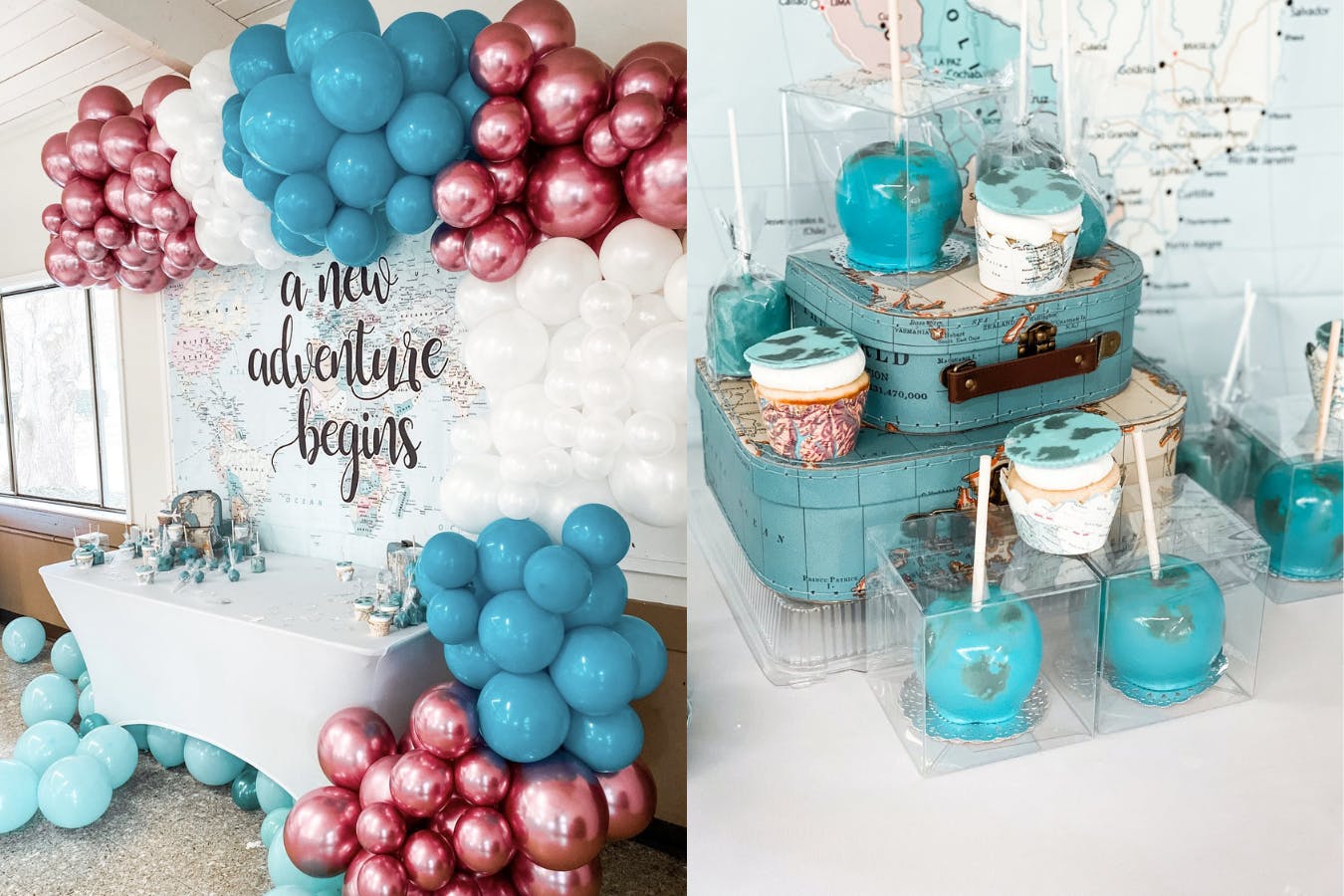 Travel-Themed Baby Shower With Metallic Blue and Pink Balloon Décor, Blue Vintage Suitcases, and Carmel Covered Apples Designed to Look Like Globes | PartySlate