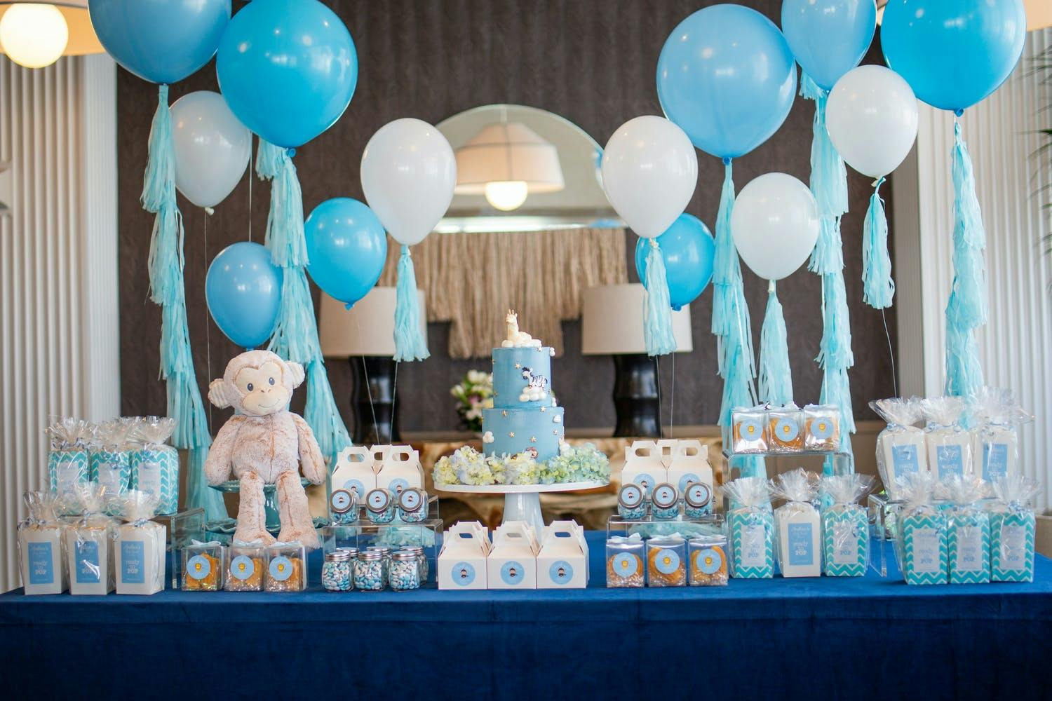 Blue and White Balloons and Dessert Station at Baby Shower | PartySlate