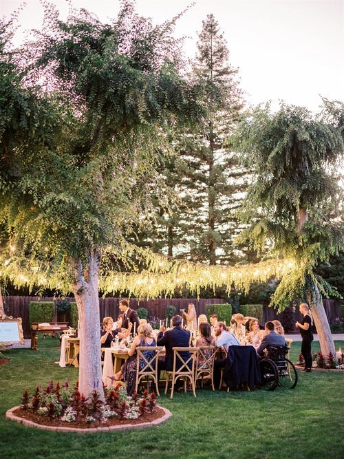Backyard palm tree micro wedding with twinkly lights | PartySlate