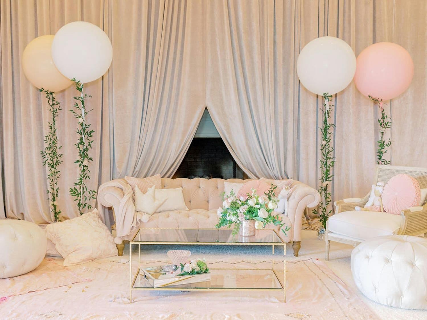 Baby Shower With Blush-Toned Lounge Area and Balloon Décor | PartySlate