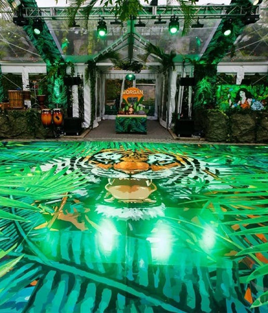 A Bar Mitzvah dance floor at the Central Park Zoo in New York City with a Tiger face on it