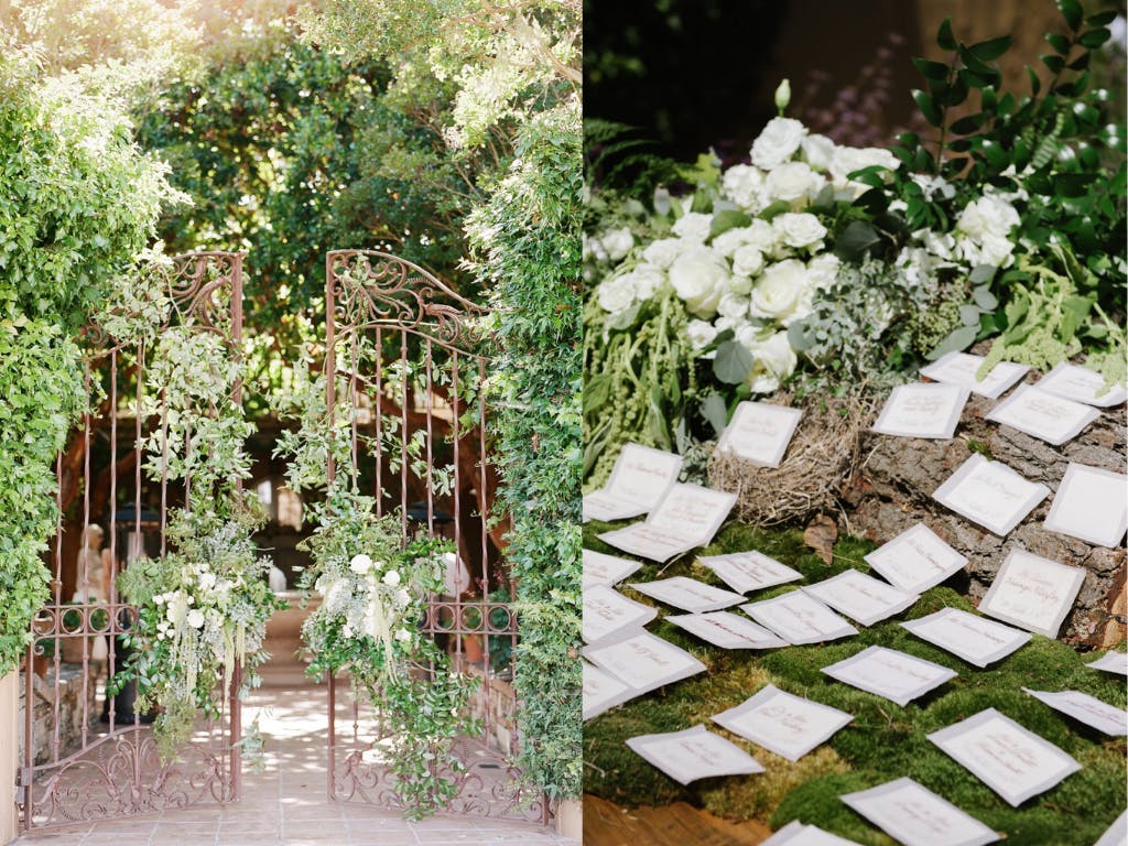 Enchanted Forest Wedding With Iron Gate Covered in Greenery and Escort Cards on a Bed of Moss | PartySlate
