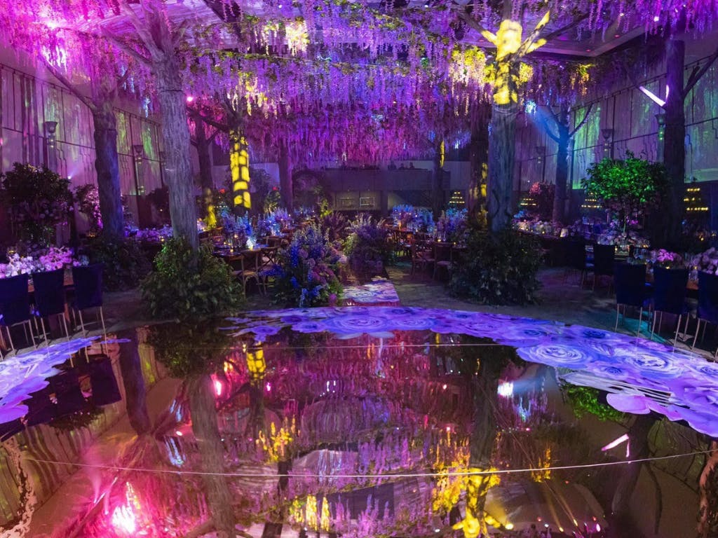 Enchanted Forest Wedding Dance Floor and Ceiling Installation in Kaleidoscopic Colors | PartySlate
