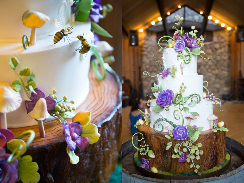 Enchanted Forest Wedding Cake With Frosted Bees, Mushrooms, and Fiddle Head Ferns | PartySlate