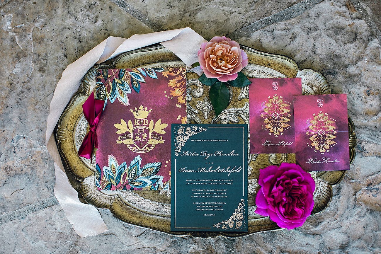 Jewel-Toned Unique Wedding Invitations With Gold Design Work | PartySlate