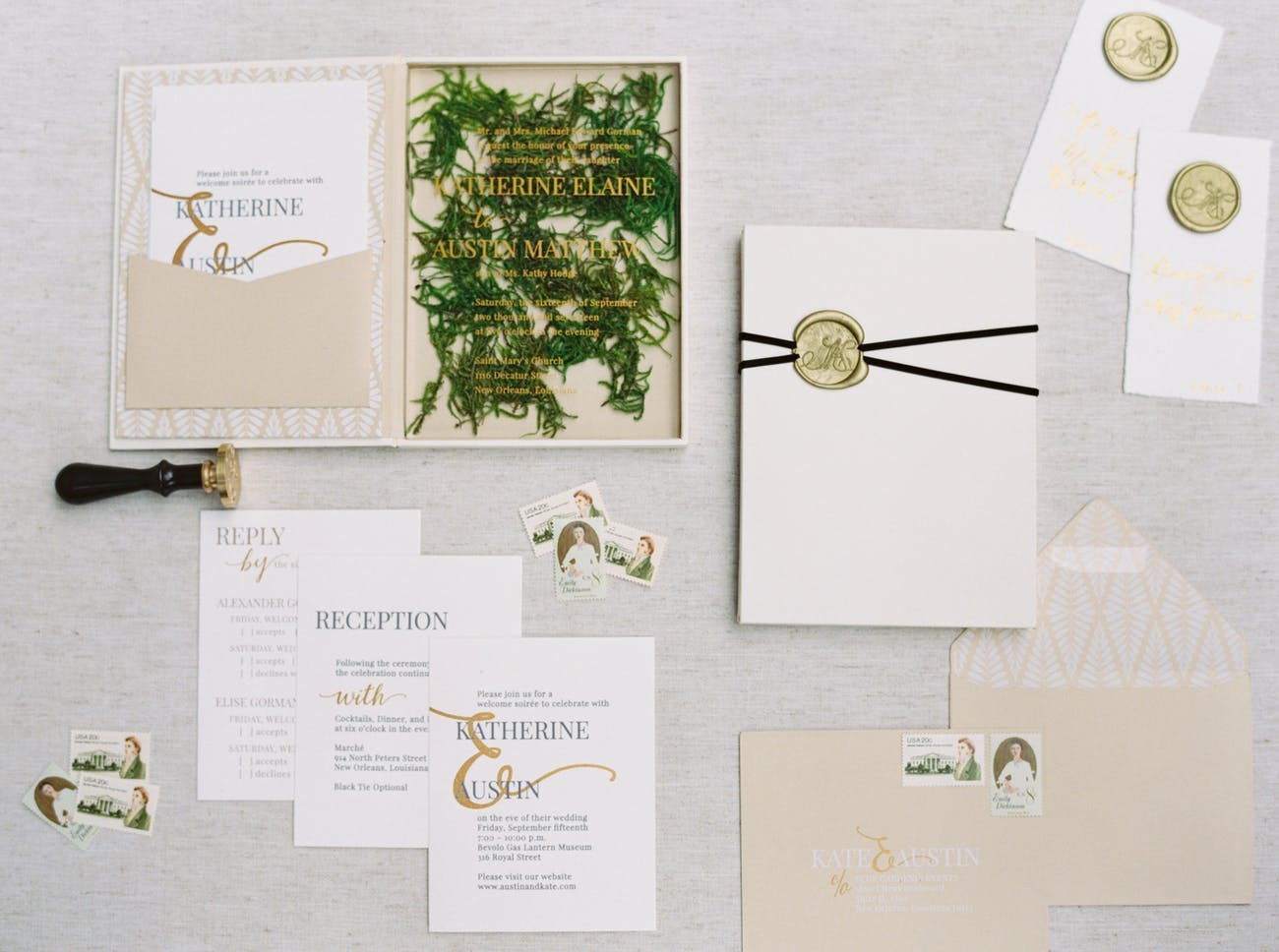 Boxed Wedding Invitation With Real Pine Needle Backdrop | PartySlate