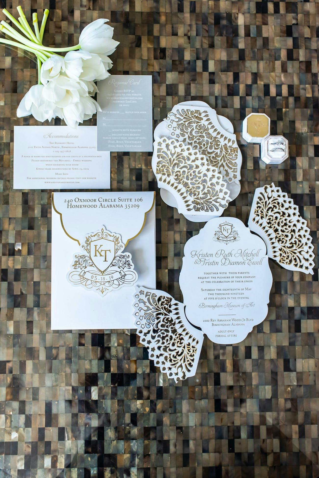 Gold and White Tri-Fold Wedding Invite With Coat of Arms Design | PartySlate