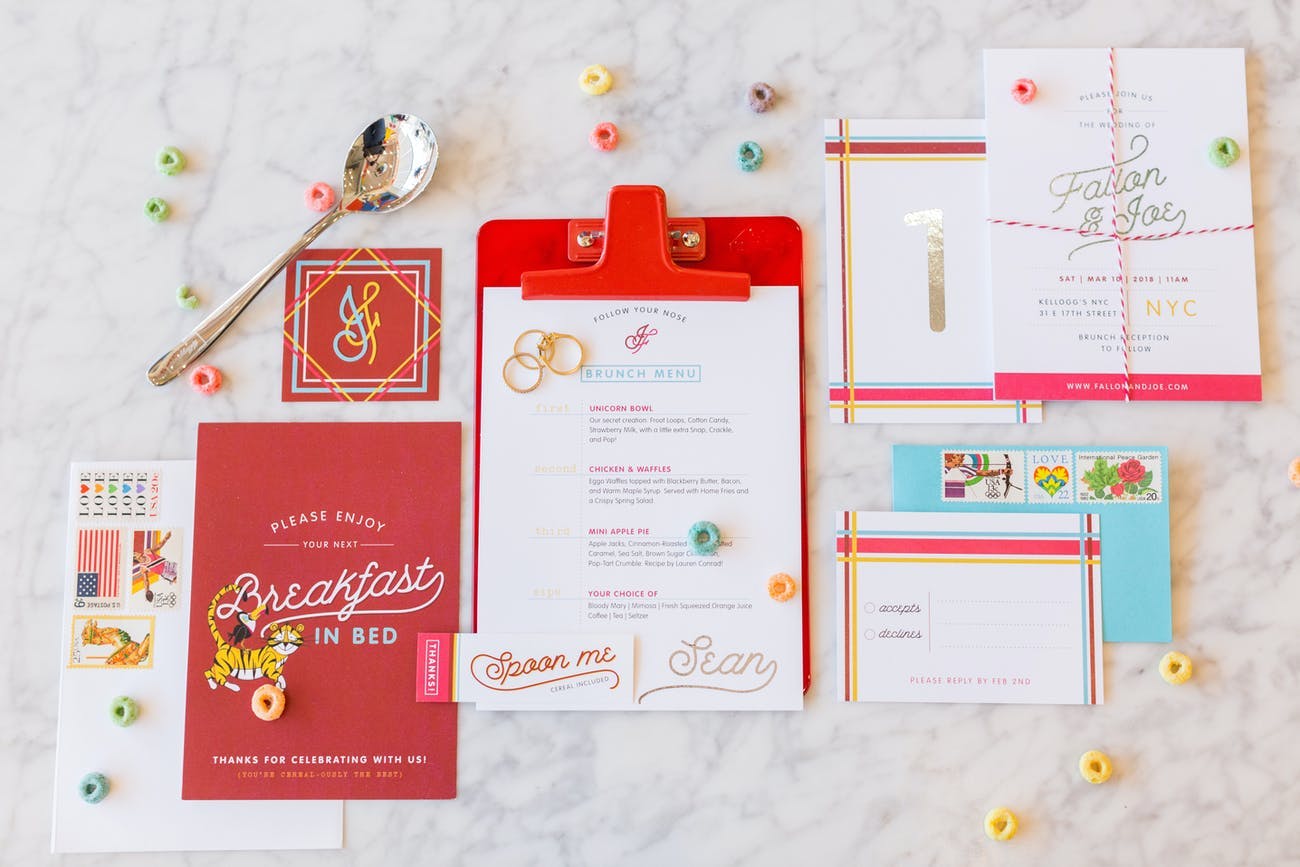 Cereal-Themed Wedding Invitations With Red and Teal Color Scheme for Brunch Wedding | PartySlate