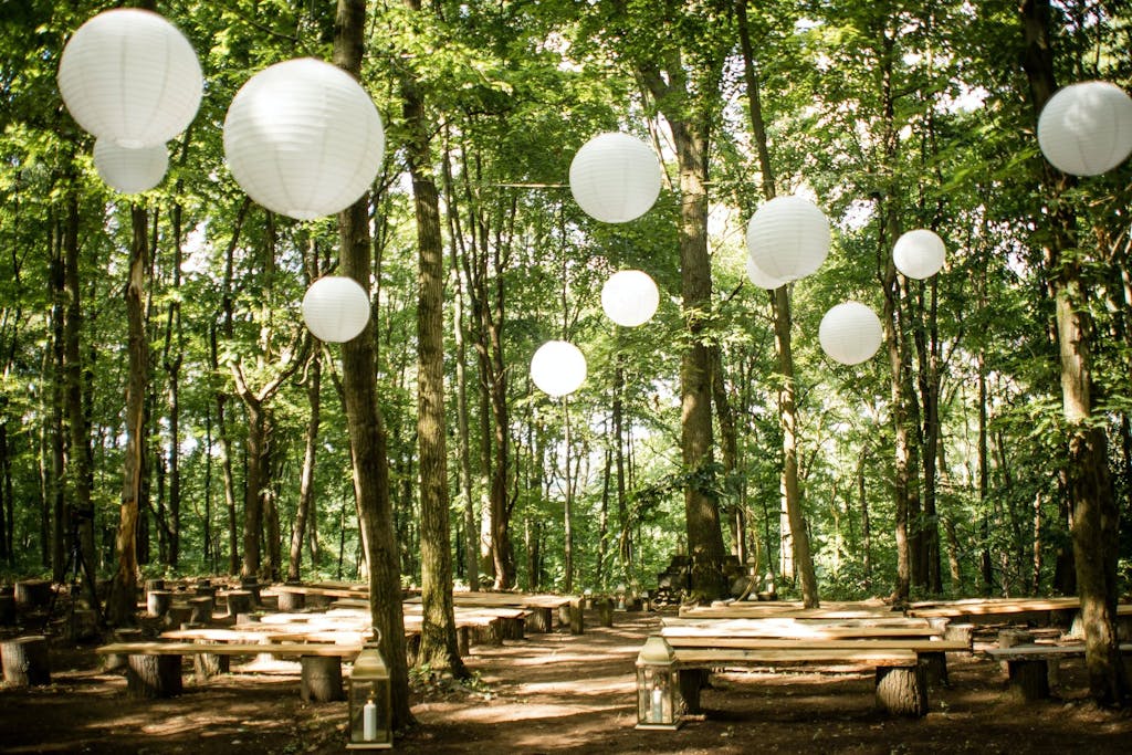 Outdoor enchanted forest wedding ceremony With White Paper Orbs Suspended in Treetops | PartySlate
