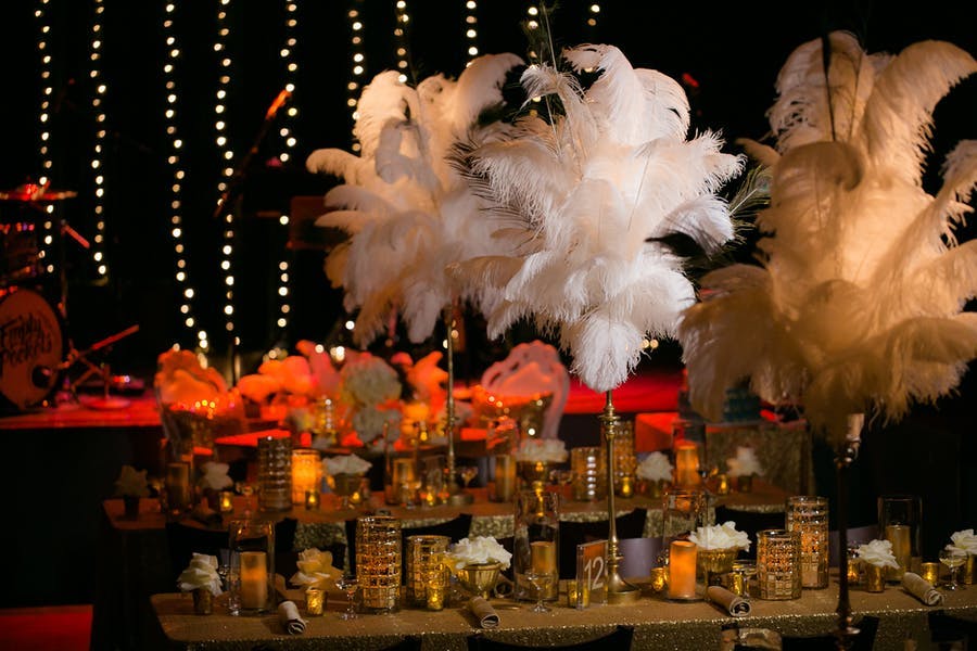Lavish Gatsby Party Decor With White Feathers as Centerpieces | PartySlate