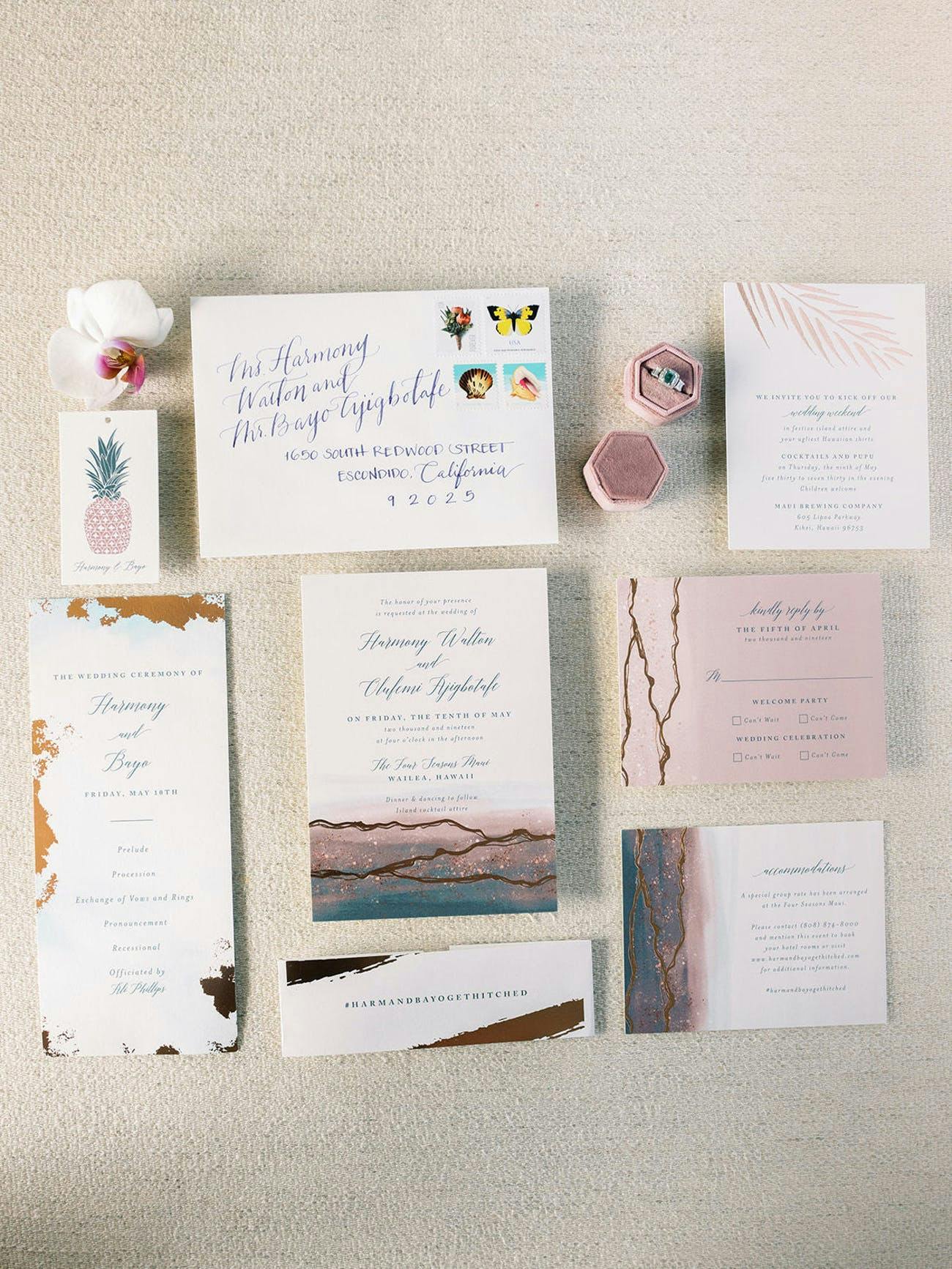 Wedding Invitations With Blue, Mauve, and Gold Water Color Work for Hawaii Wedding | PartySlate