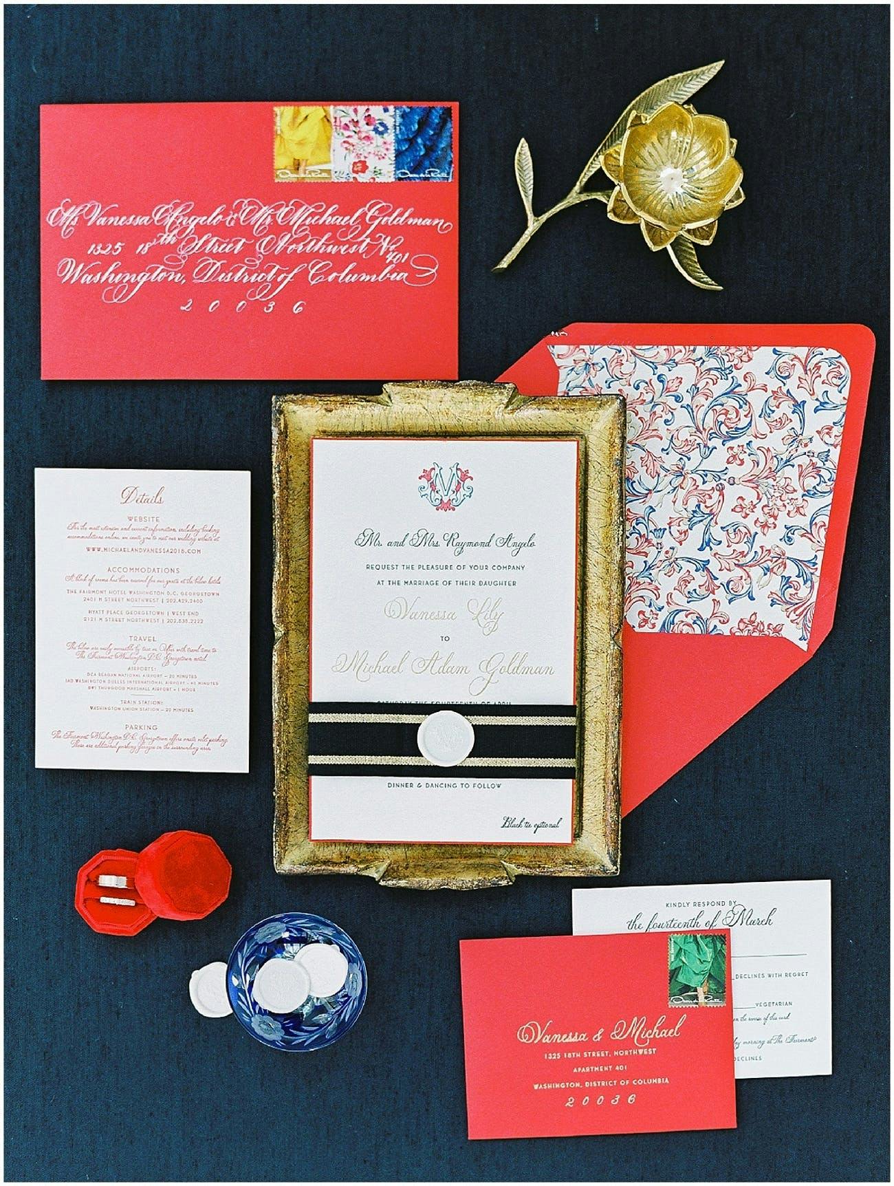 Gold-Framed Wedding Invitation with Red Envelopes and Paisley-Patterned Inlay | PartySlate