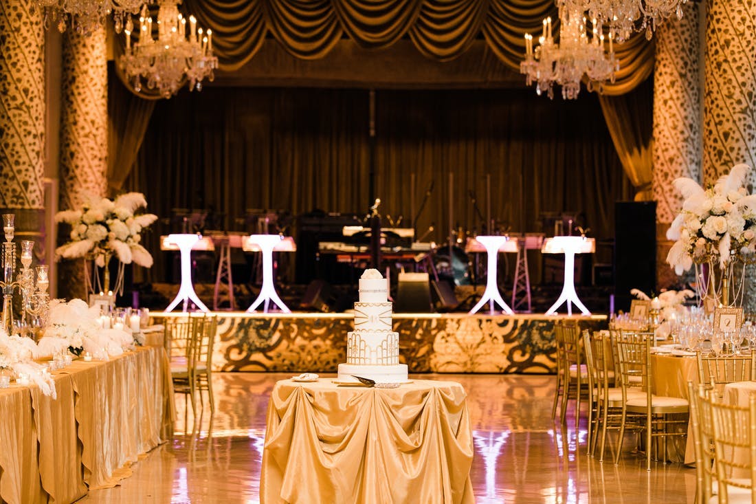Golden Dance Floor and Tables at a Great Gatsby Themed Party | PartySlate