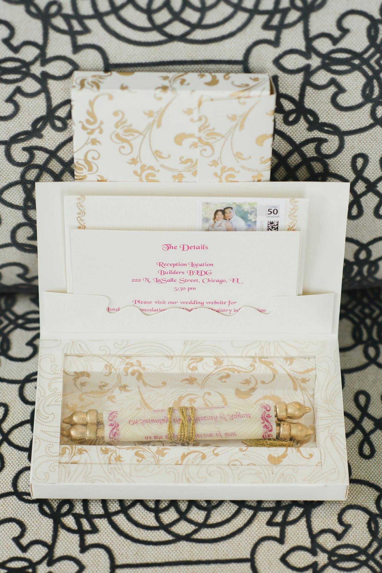 Boxed Wedding Invitation With Golden Scroll Invite | PartySlate