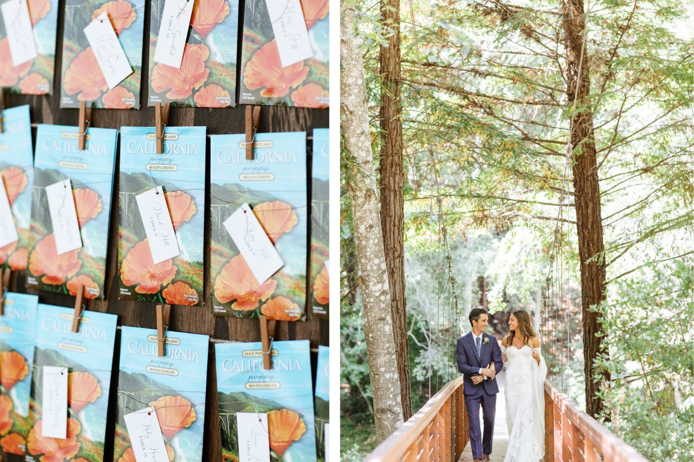 Collage of Bride and Groom in Forest and Poppy Seed Wedding Favor Place Cards in Blue and Orange Packaging | PartySlate
