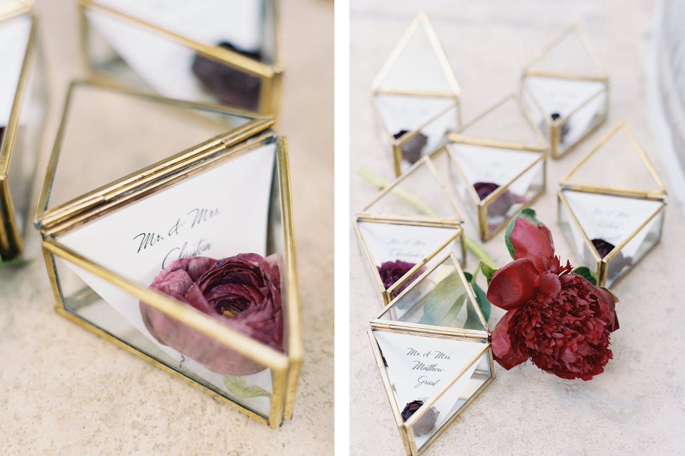 Diamond-Shaped Glass Jewelry Boxes Holding Red Flowers and Place Cards for Wedding Celebration | PartySlate