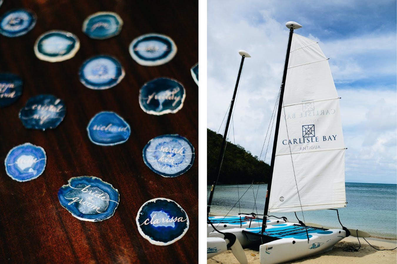 Photo Collage of Sailboat on Beach and Wedding Table Numbers and Guests' Names Inscribed on Blue Agate Stones | PartySlate