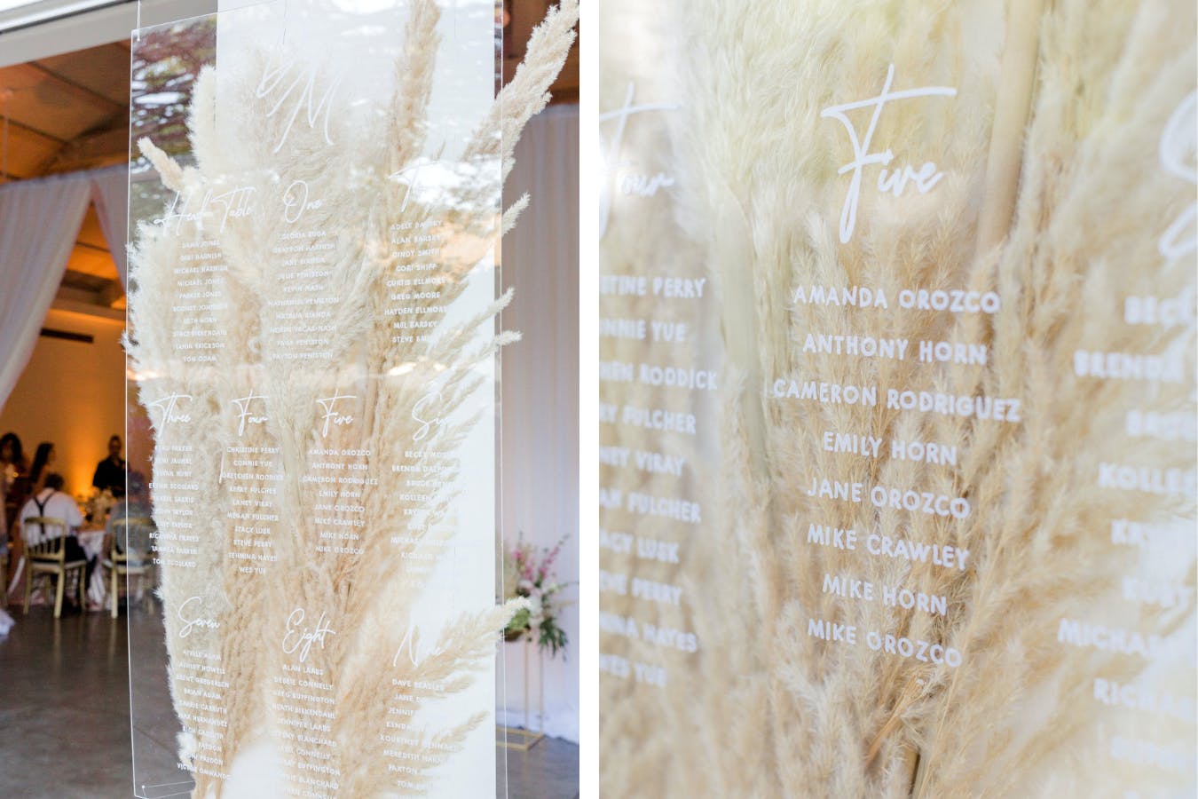Wedding Seating With Inscribed Acrylic Covering Pampas Grass | PartySlate