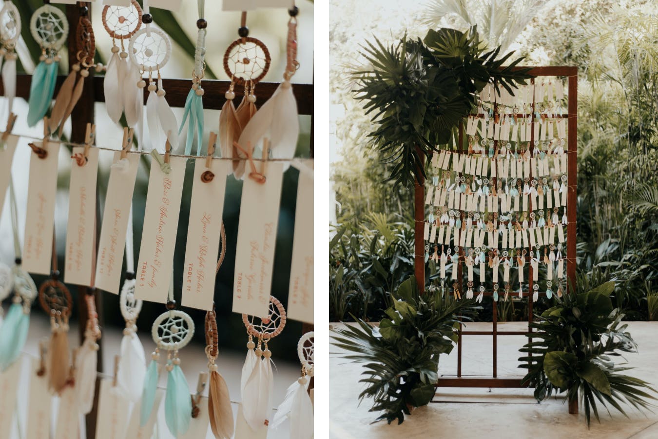 Boho Wedding Seating Chart With Mini Dream Catchers Attached to Each Name | PartySlate