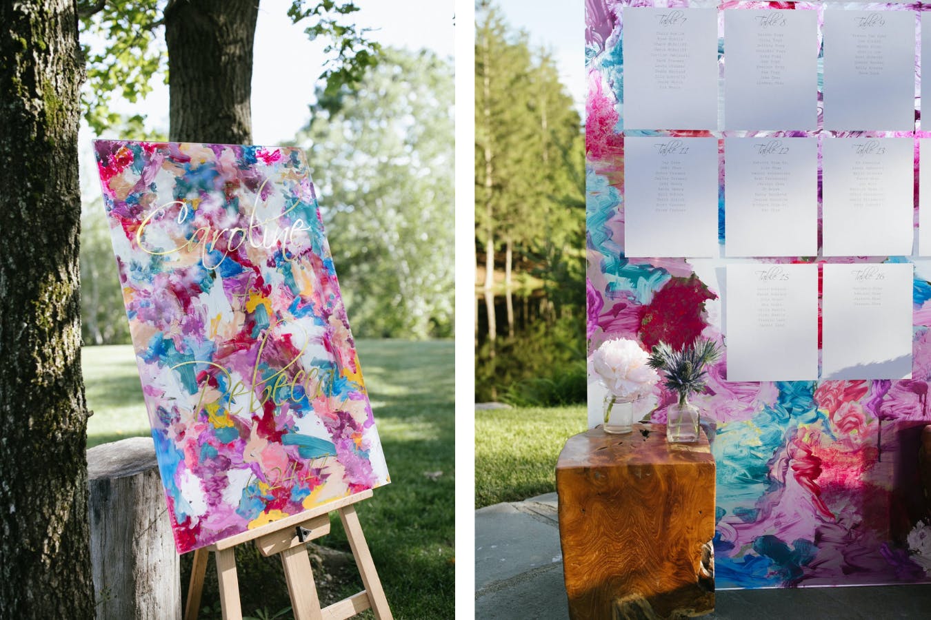 Outdoor Wedding With Colorful Boho-Style Watercolor Signage and Seating Chart | PartySlate