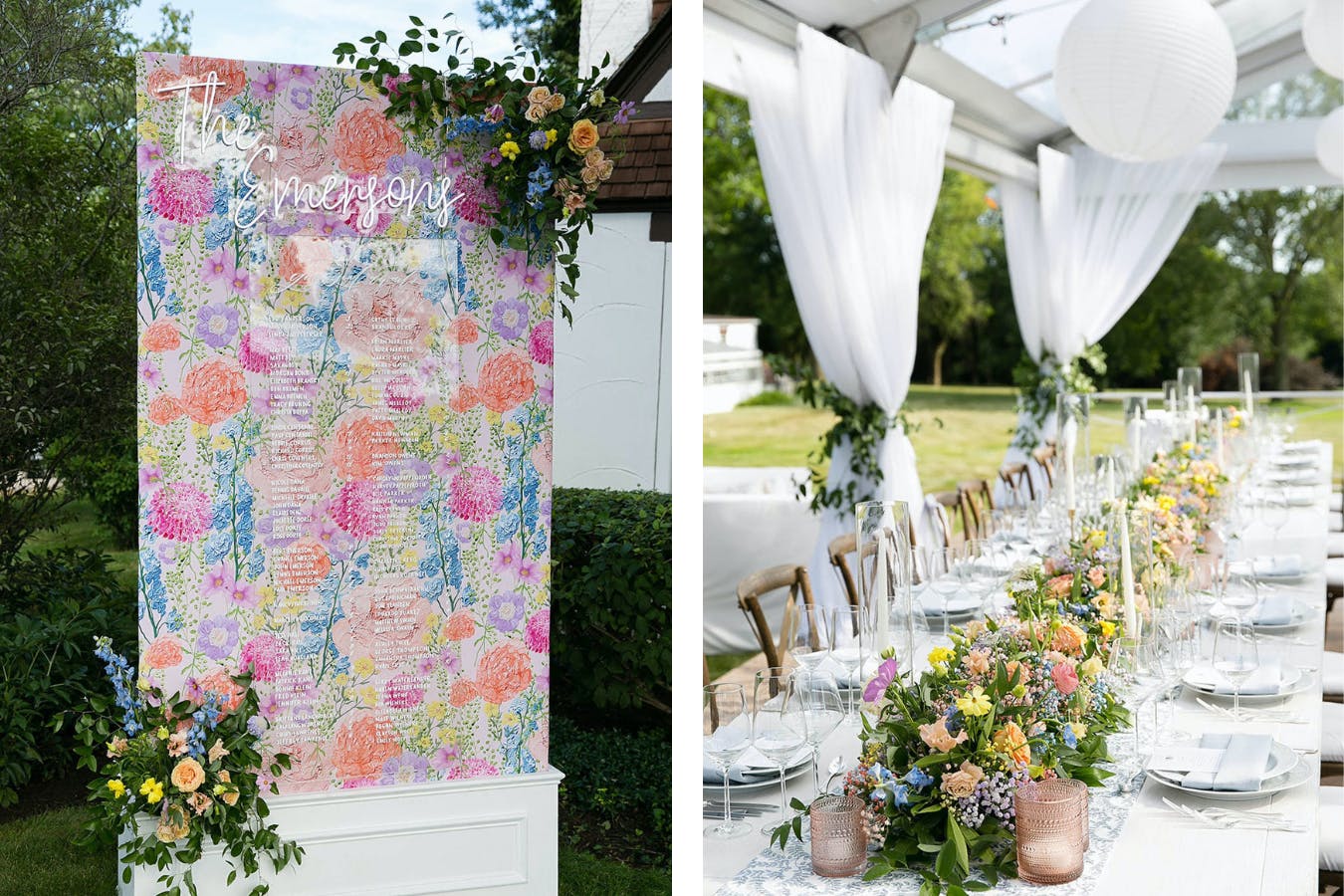 Outdoor Canopy Wedding With White Drapery, Floral Centerpieces, and Colorful Wedding Seating Chart | PartySlate
