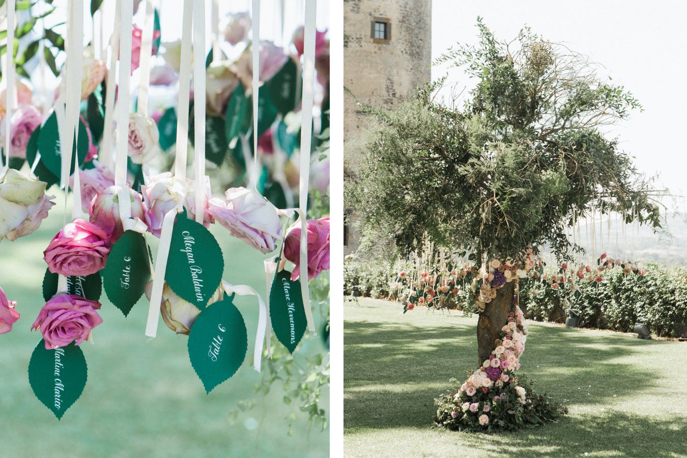 Floral Wrapped Tree With Suspended Leaf-Shaped Wedding Escort Cards and Ribbons Topped by Pink Flowers | PartySlate