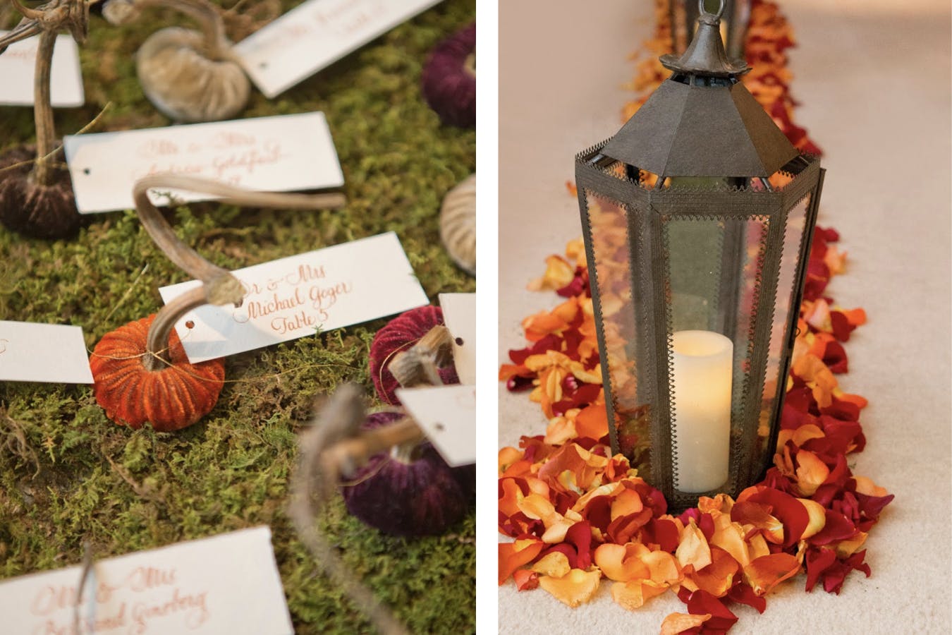 Wedding Décor: Candle-Lit Lantern and Fall-Hued Petals With Velvet Pumpkin Escort Cards on a Bed of Green Moss | PartySlate