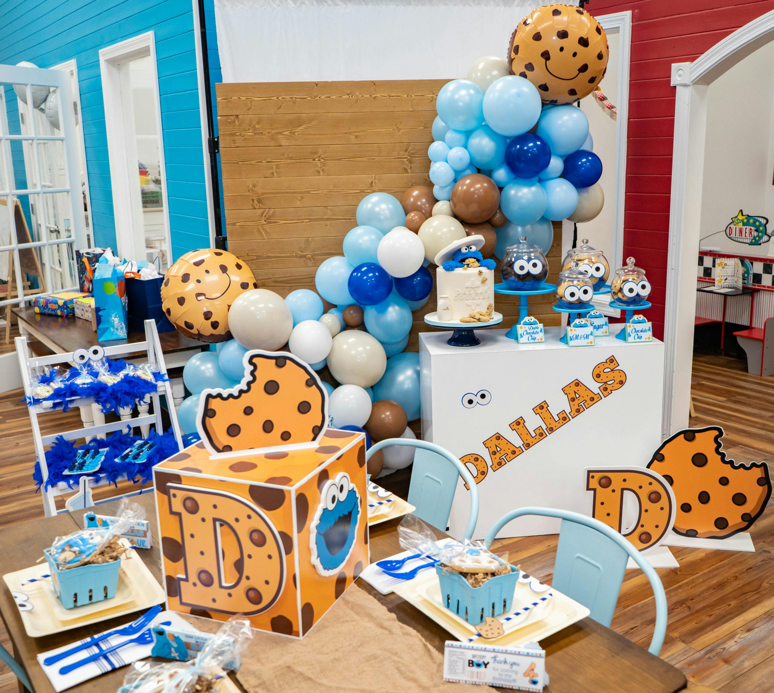 Kids Cookie Monster Themed 4th Birthday Party with Cookie Monster Cake and White Tan and Blue Balloons and Decorations | PartySlate