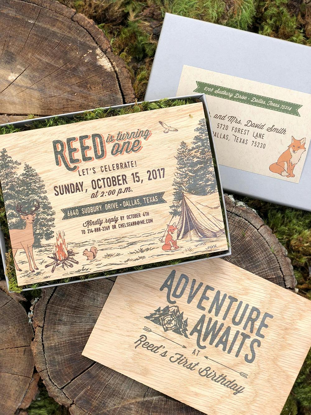 Forest Adventure-Themed Kids First Birthday Party Wood Invitations | PartySlate