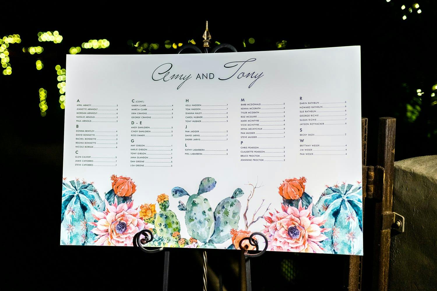 White Wedding Seating Chart With Colorful Succulent and Dessert Floral Designs | PartySlate