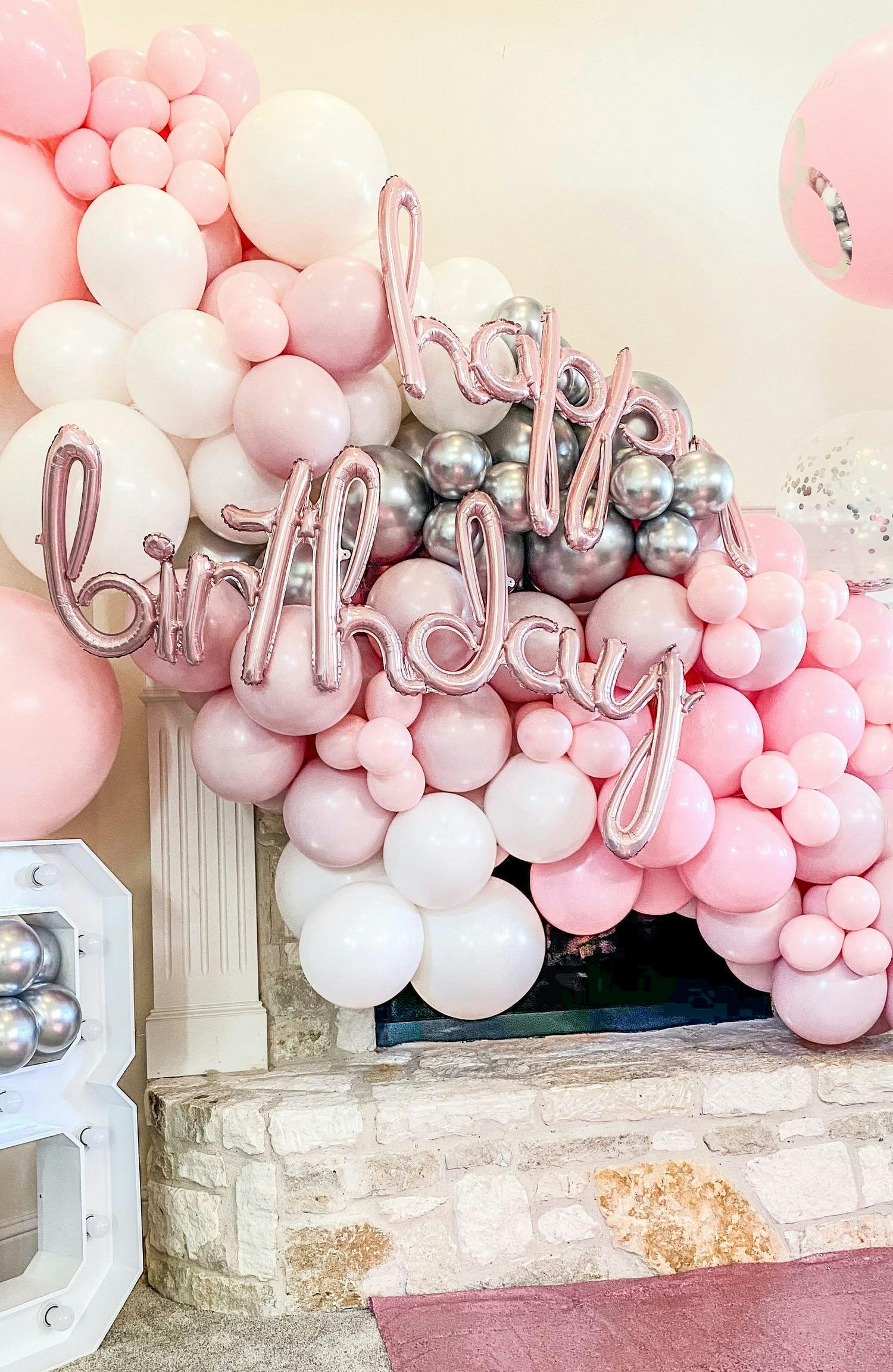 Pink White Silver Kids Birthday Balloon Installation | PartySlate