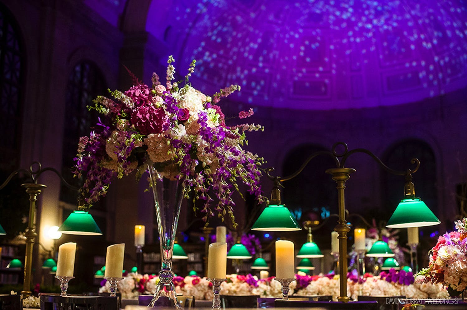 Boston Public Library Wedding With Purple Ceiling Lighting Décor, Green Lamp and Floral Centerpieces | PartySlate