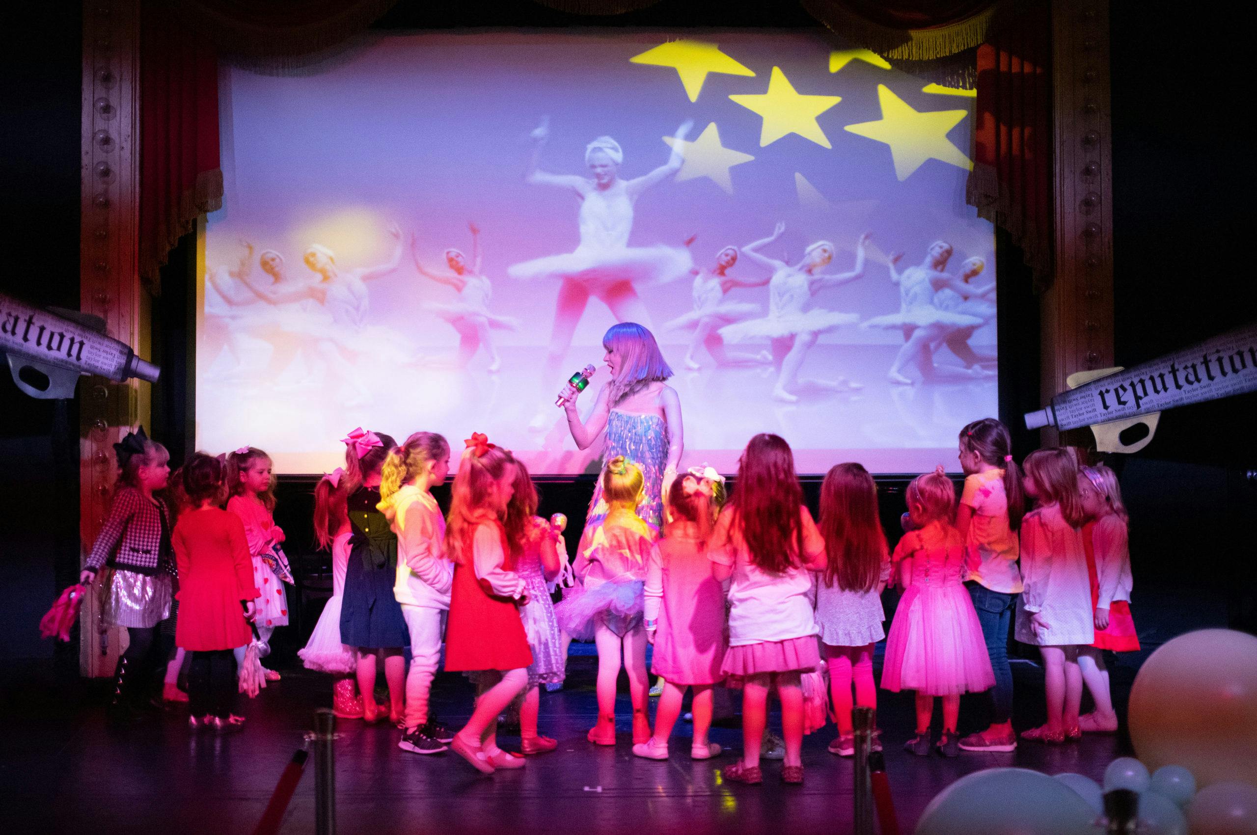 Taylor Swift Themed Kids Birthday Party in Dallas, Texas with Taylor Swift Look-Alike Performer Stage and Projector Screen | PartySlate