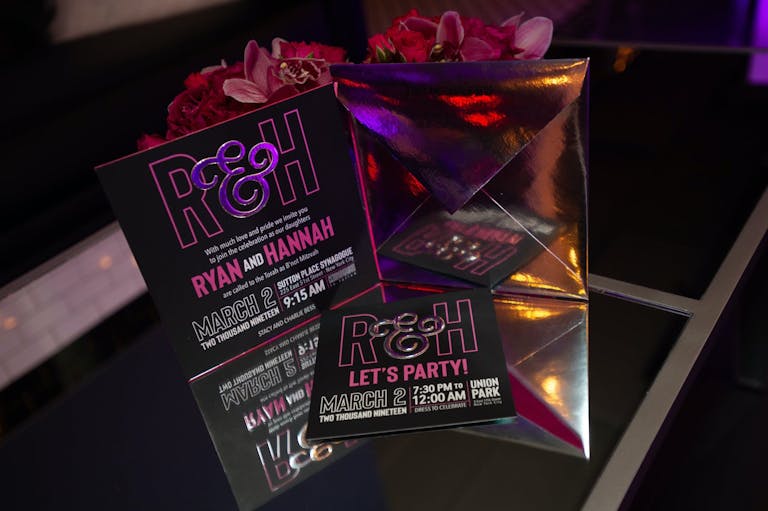 Metallic Black, Pink, and Purple B'Nai Mitzvah Invitation | PartySlate