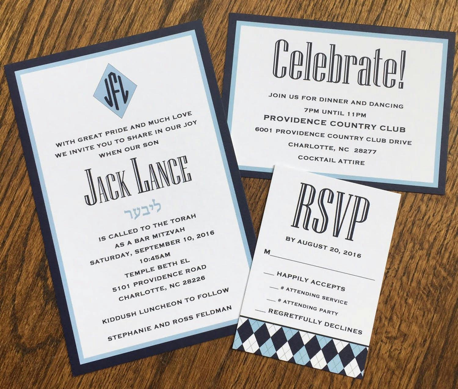 Bar Mitzvah Invitations in Blue-and-White Color Palette | PartySlate
