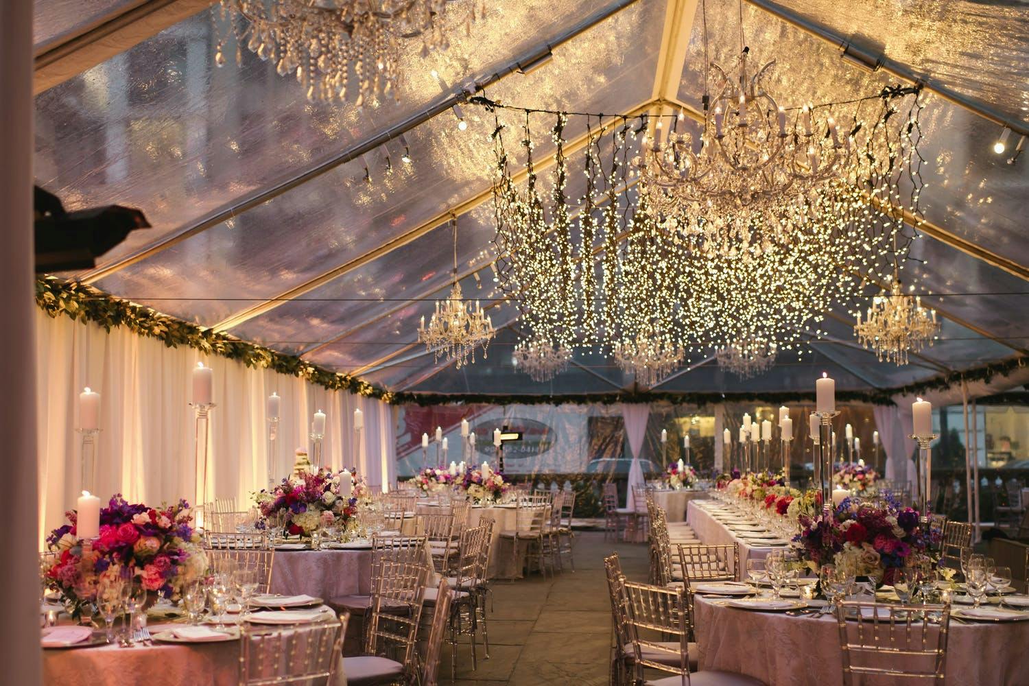 Transparent Wedding Tent With Shimmering Fairy Light Ceiling Installation | PartySlate