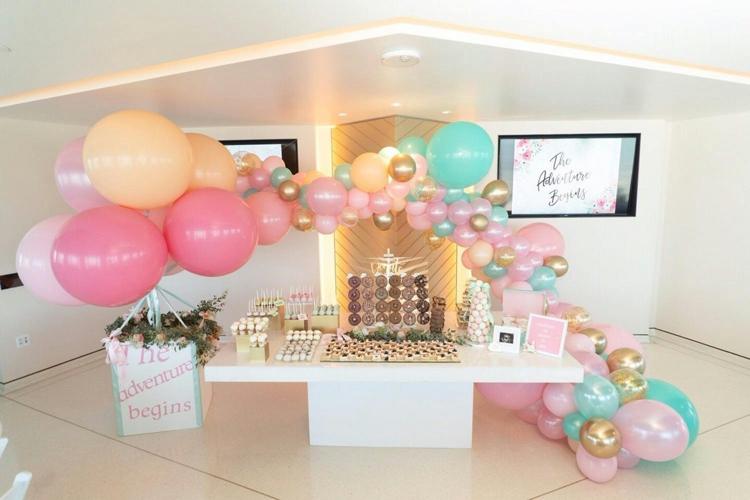 Pastel and Gold Baby Shower Dessert Table Balloon Arch | PartySlate