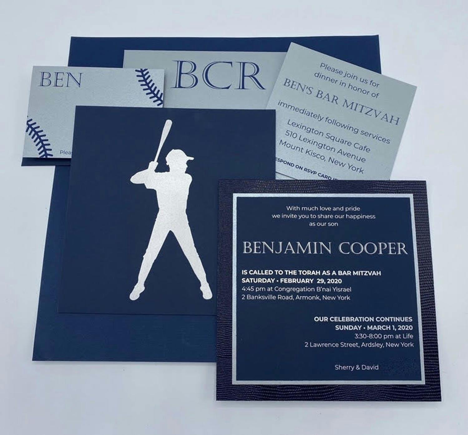 Baseball-Theme Blue and White Bar Mitzvah Invitation Suite | PartySlate