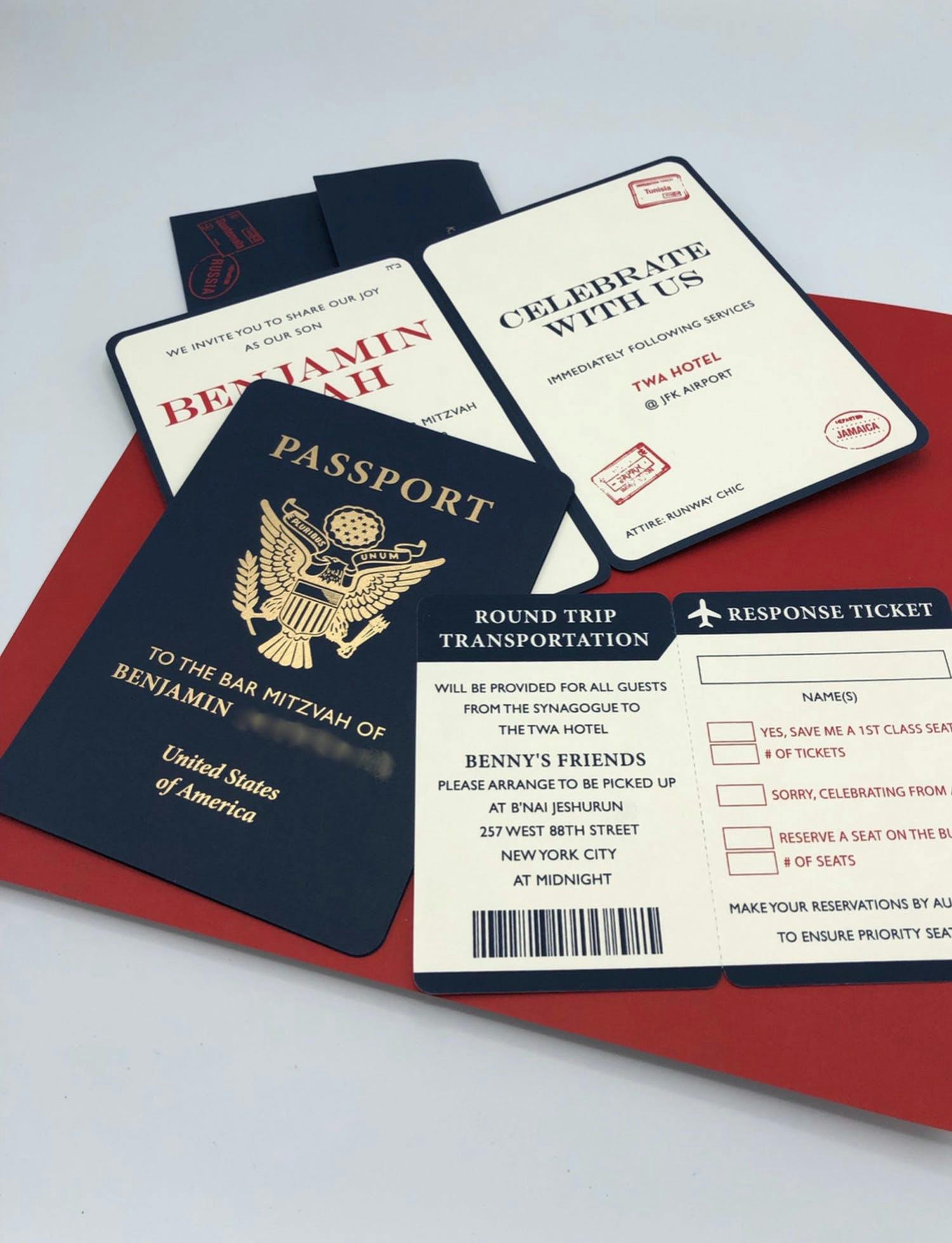 Passport-Themed Bar Mitzvah Invite for Travel-Themed Party | PartySlate