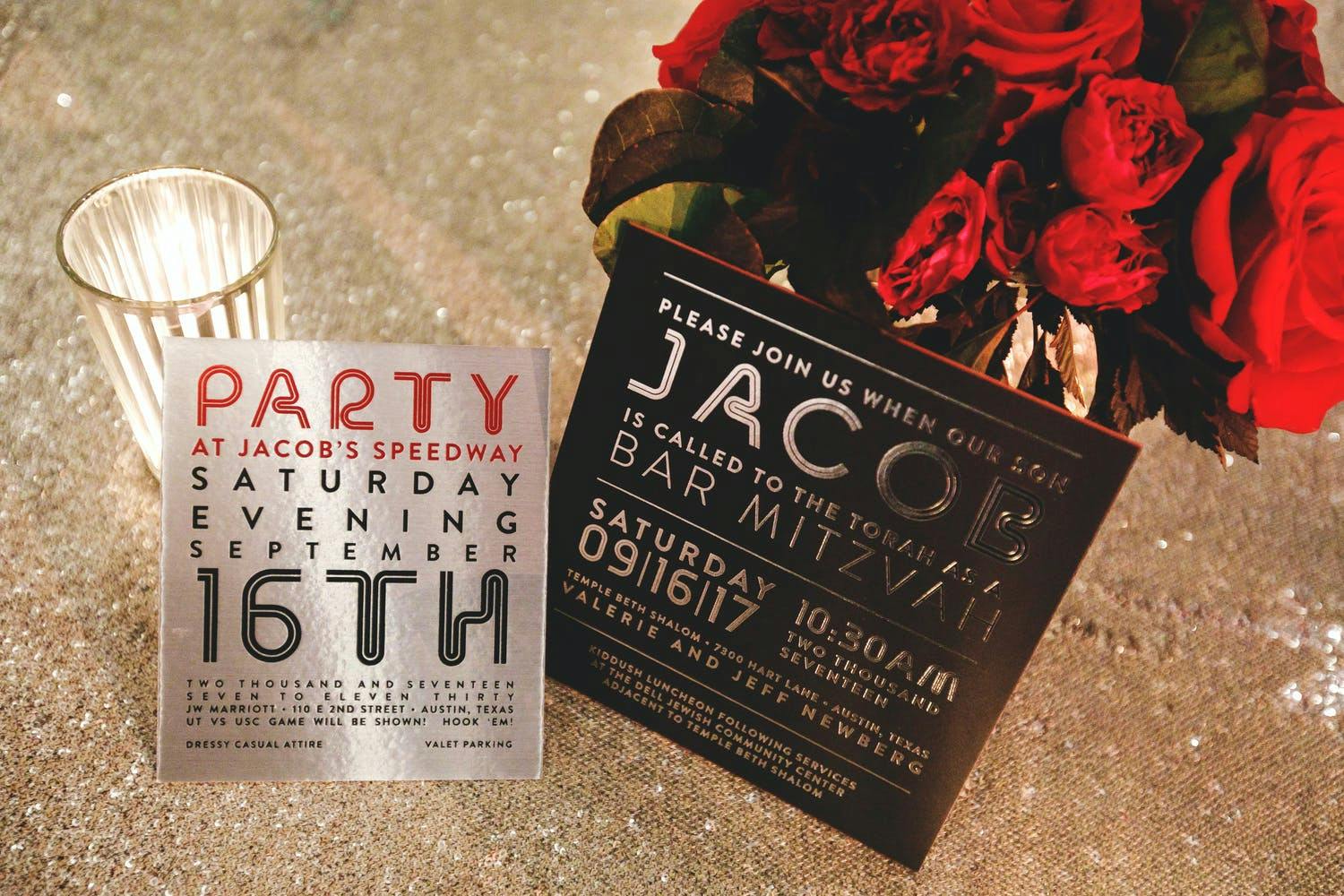 Metallic Silver and Black Bar Mitzvah Invites | PartySlate