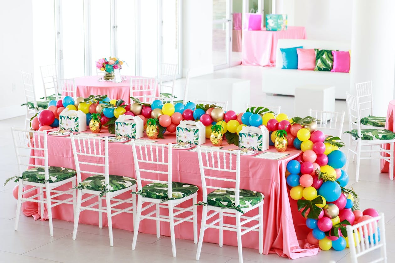 Tropical and Colorful Baby Shower Balloon Garland Centerpiece | PartySlate