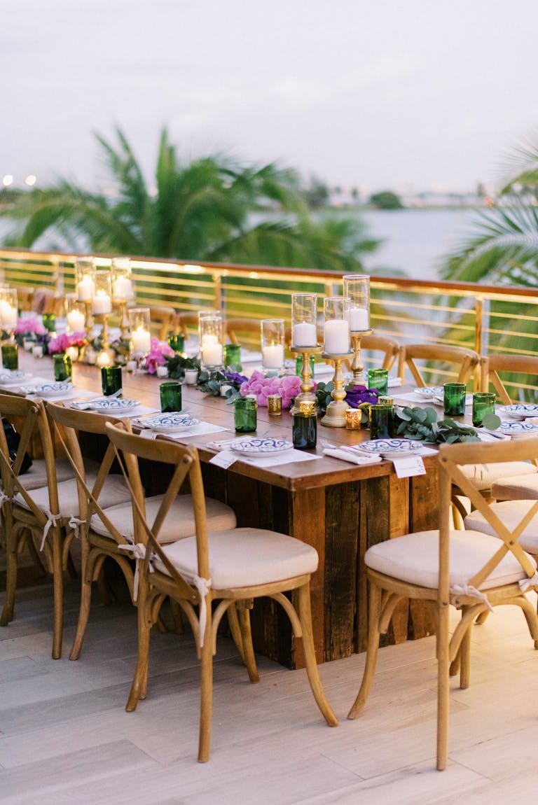 Outdoor Intimate Wedding With Green, Pink, and Purple Tablescape Décor at Amara at Paraiso in Edgewater Miami | PartySlate