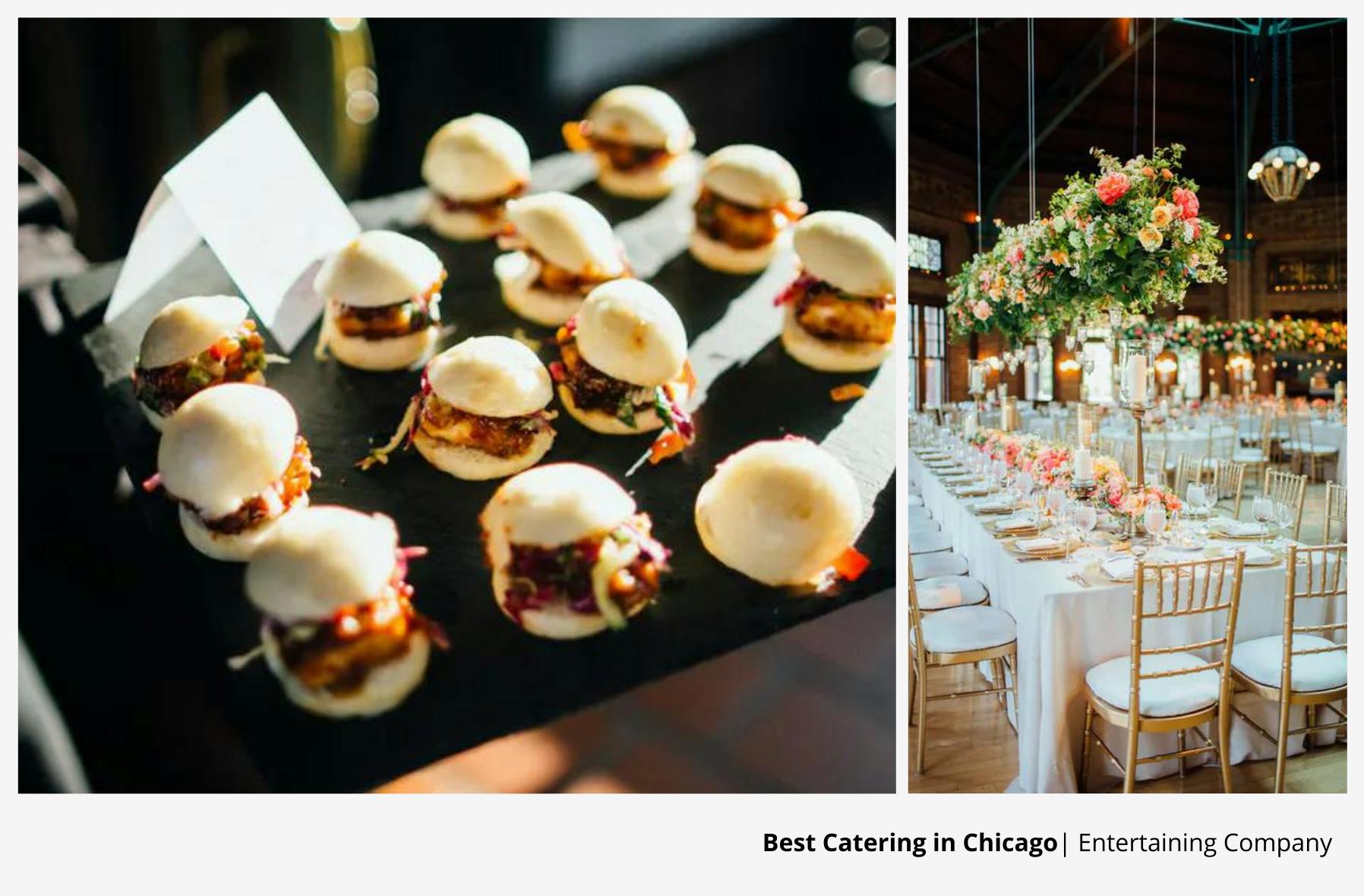Left image is of burger bites and right image is of a wedding reception.