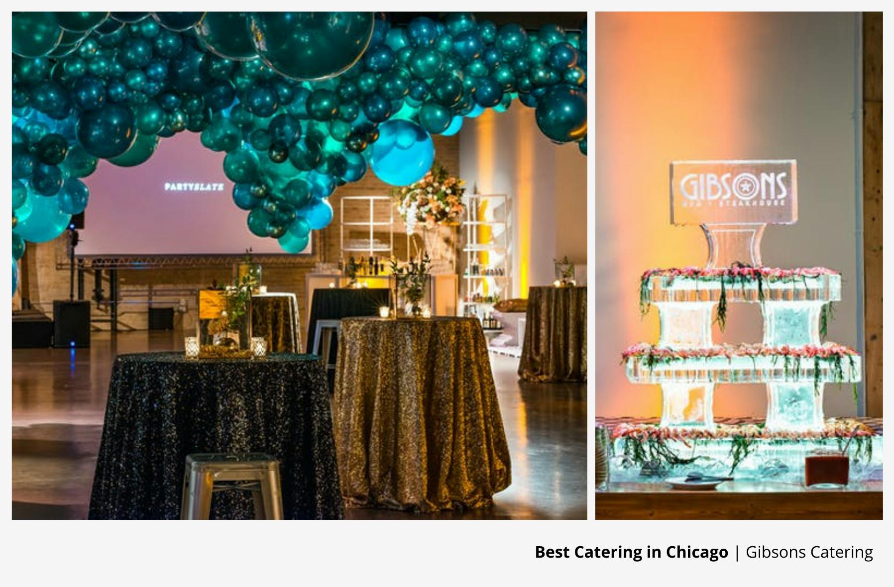 Left image is of blue balloons at a party and right image shows a Gibsons ice sculpture.