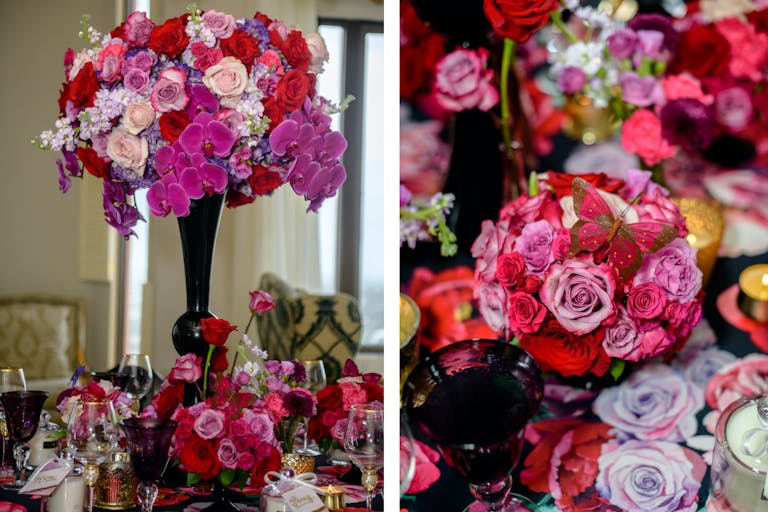 Red, Pink, and Purple Floral Centerpieces With Black Vase and Butterfly Details | PartySlate