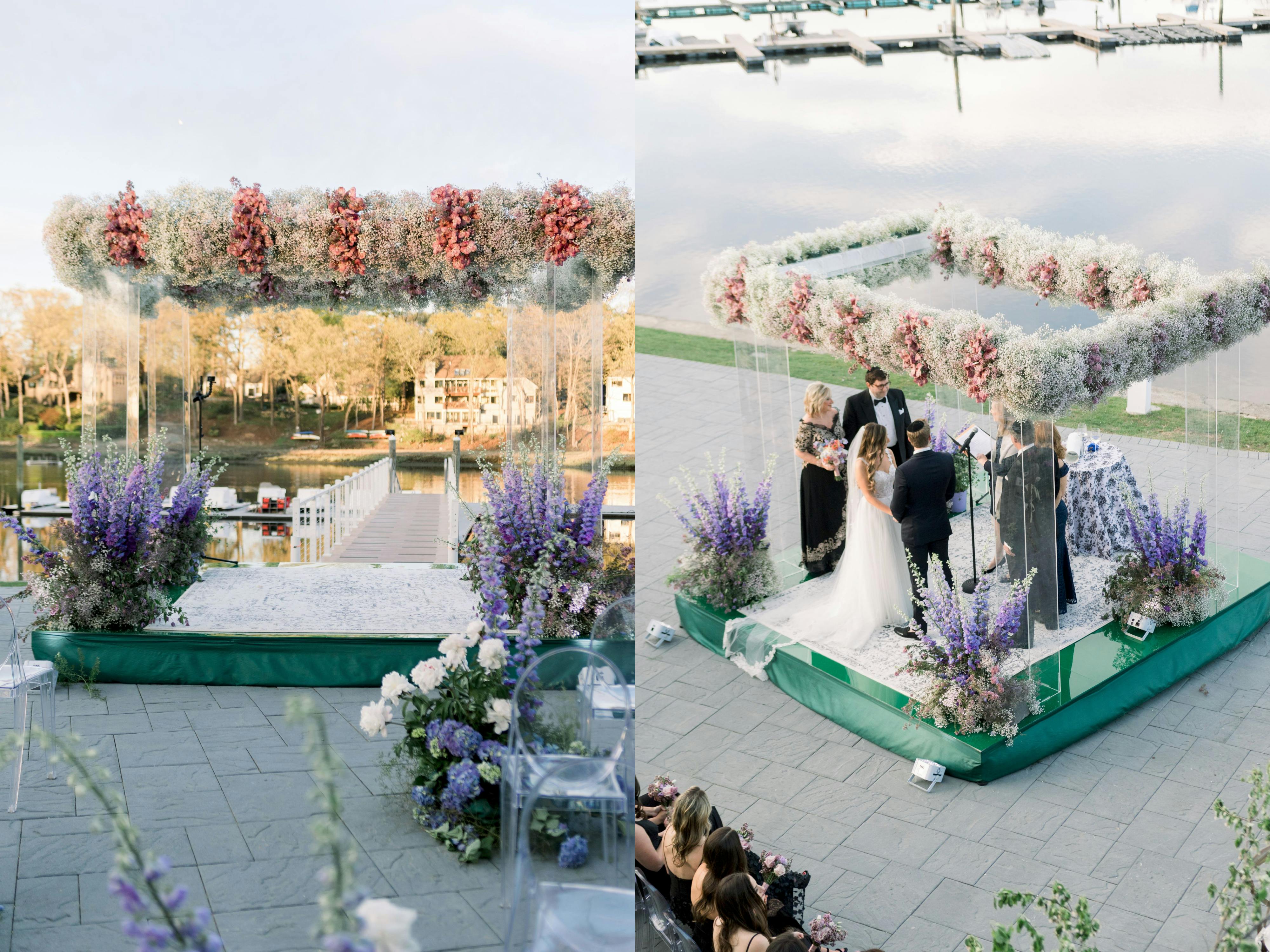 Lucite Wedding Chuppah Crowned With Baby’s Breath and Interspersed Pink Blooms | PartySlate
