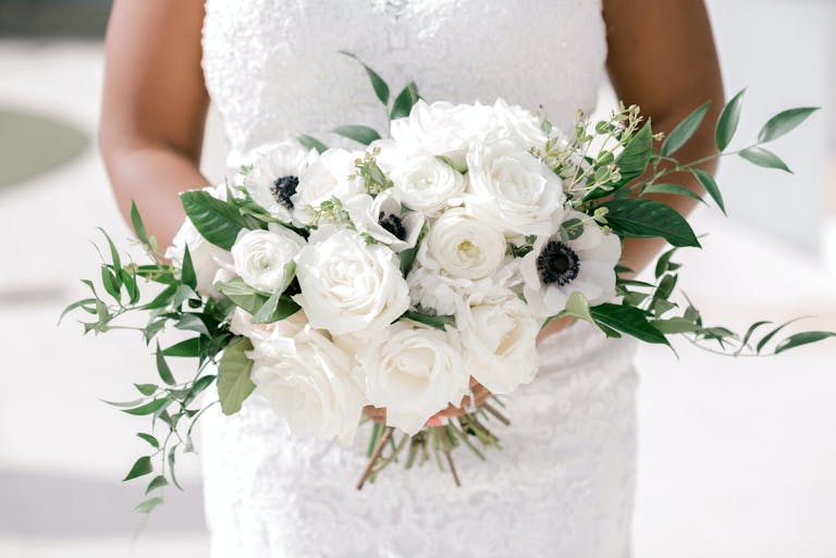 Wedding Bouquet With White Anemone and White Roses | PartySlate