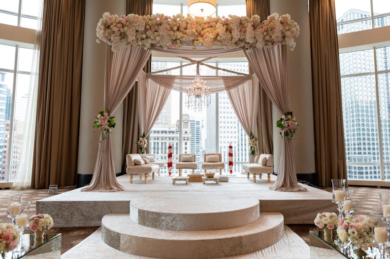 Wedding Mandap With Pale Pink Drapery at Trump International Hotel & Tower Chicago